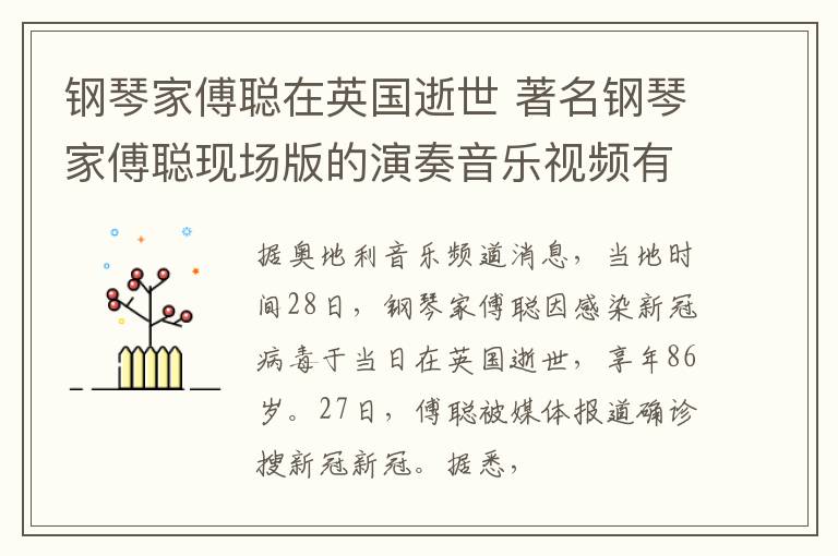 钢琴家傅聪在英国逝世 著名钢琴家傅聪现场版的演奏音乐视频有吗