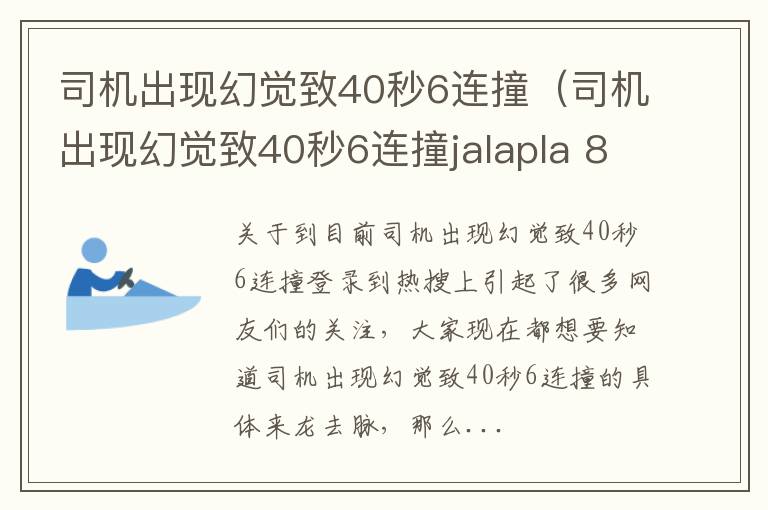 司机出现幻觉致40秒6连撞（司机出现幻觉致40秒6连撞jalapla 86）