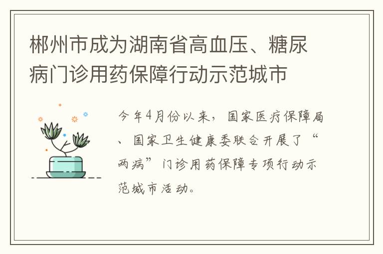 郴州市成为湖南省高血压、糖尿病门诊用药保障行动示范城市