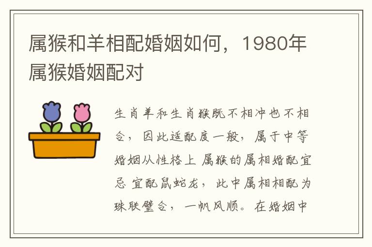 属猴和羊相配婚姻如何，1980年属猴婚姻配对