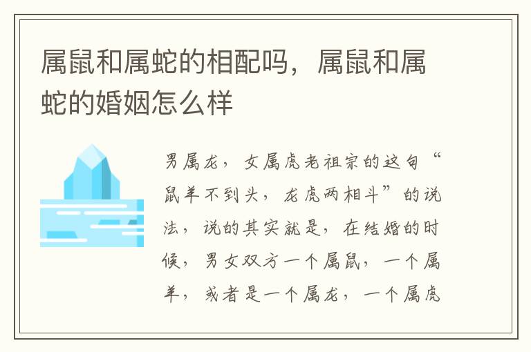 属鼠和属蛇的相配吗，属鼠和属蛇的婚姻怎么样