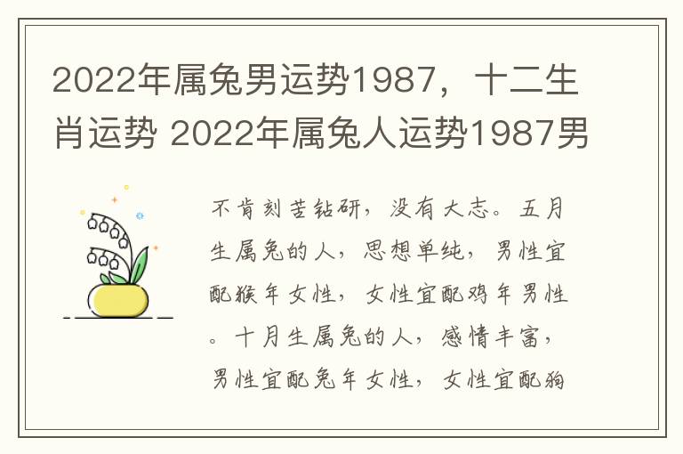 2022年属兔男运势1987，十二生肖运势 2022年属兔人运势1987男