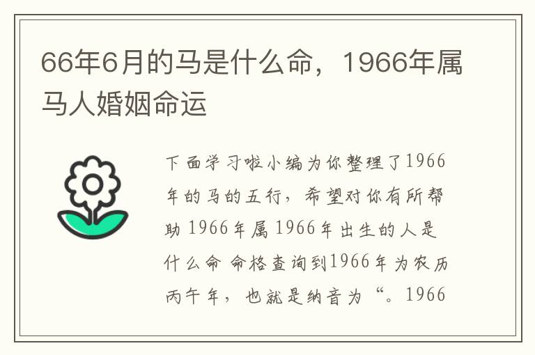 66年6月的马是什么命，1966年属马人婚姻命运