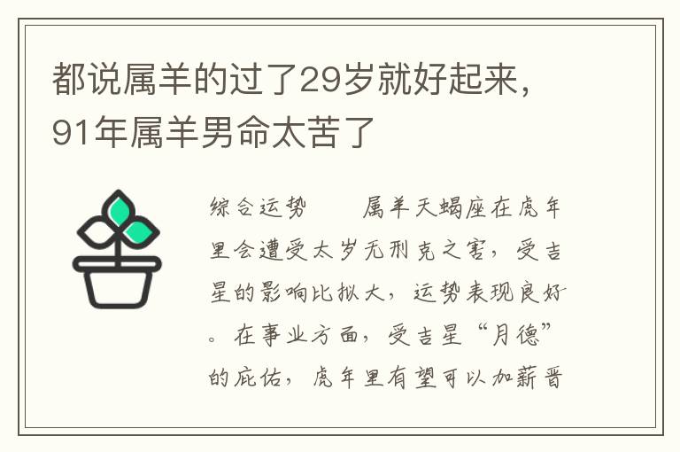 都说属羊的过了29岁就好起来，91年属羊男命太苦了