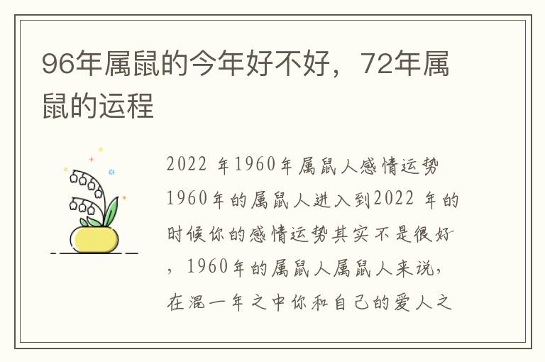 96年属鼠的今年好不好，72年属鼠的运程