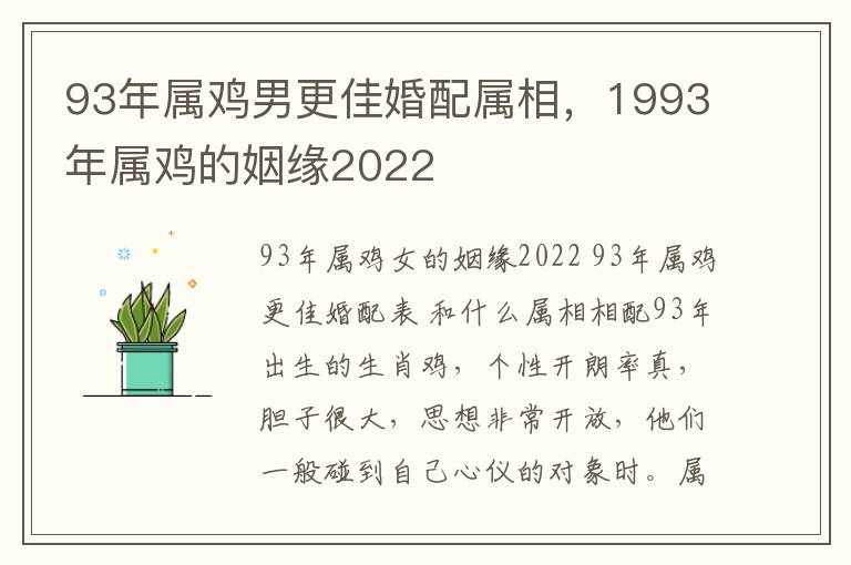 93年属鸡男更佳婚配属相，1993年属鸡的姻缘2022