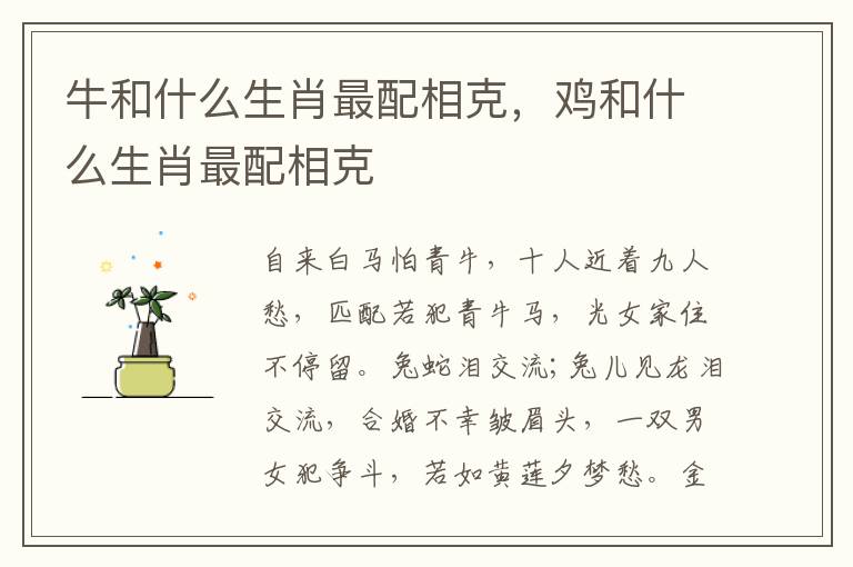 牛和什么生肖最配相克，鸡和什么生肖最配相克