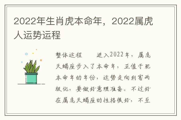 2022年生肖虎本命年，2022属虎人运势运程