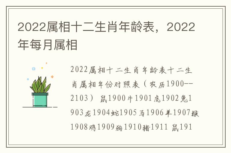 2022属相十二生肖年龄表，2022年每月属相