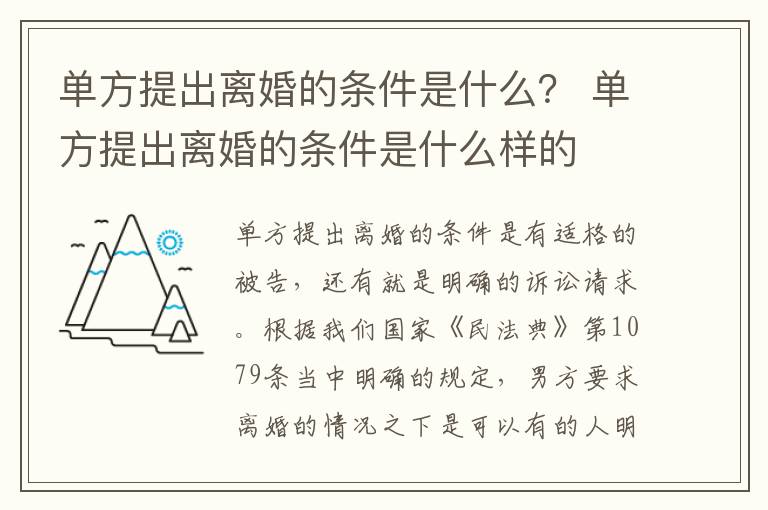 单方提出离婚的条件是什么？ 单方提出离婚的条件是什么样的