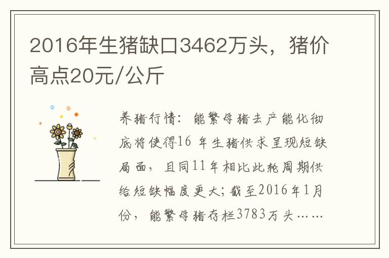 2016年生猪缺口3462万头，猪价高点20元/公斤