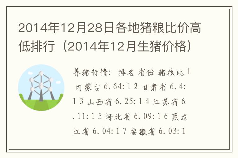 2014年12月28日各地猪粮比价高低排行（2014年12月生猪价格）