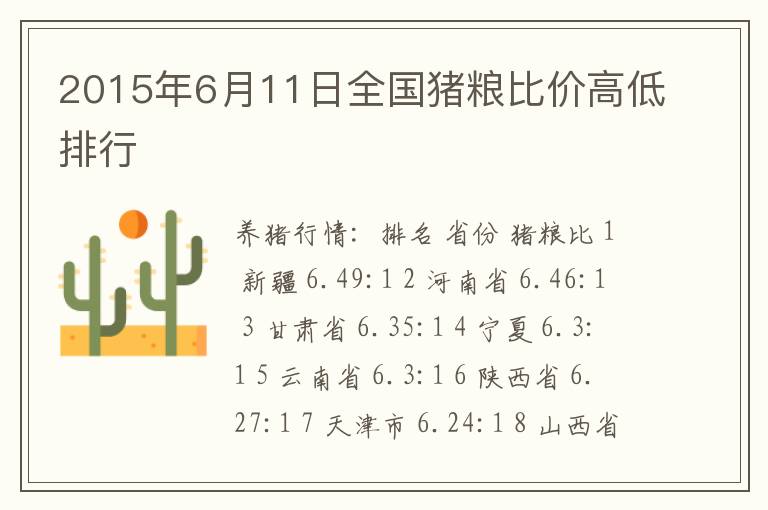 2015年6月11日全国猪粮比价高低排行