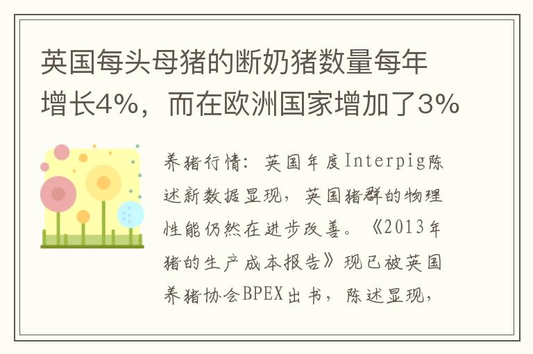 英国每头母猪的断奶猪数量每年增长4%，而在欧洲国家增加了3%