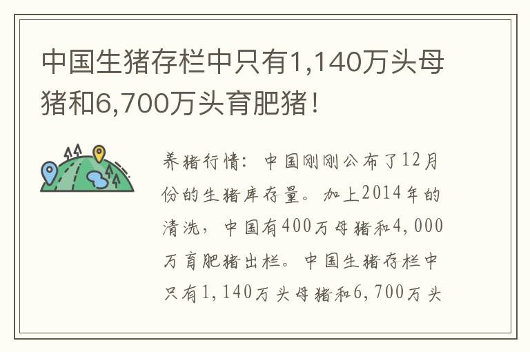 中国生猪存栏中只有1,140万头母猪和6,700万头育肥猪！