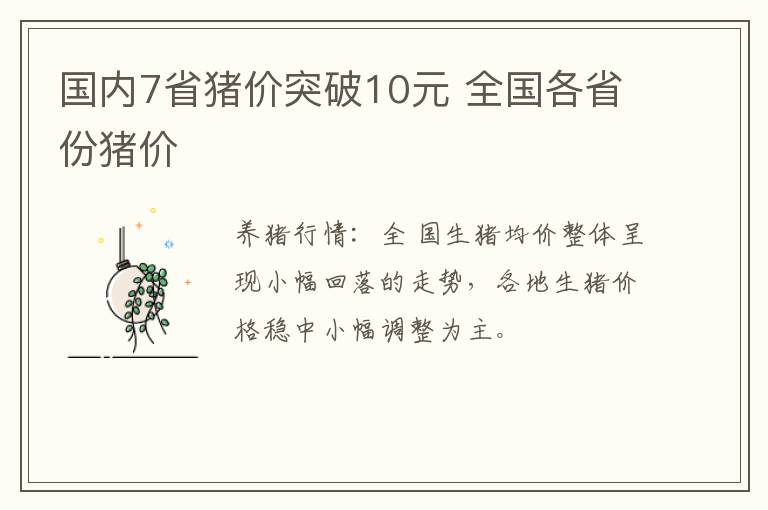 国内7省猪价突破10元 全国各省份猪价