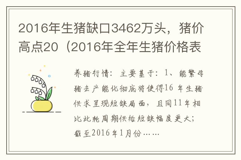 2016年生猪缺口3462万头，猪价高点20（2016年全年生猪价格表）