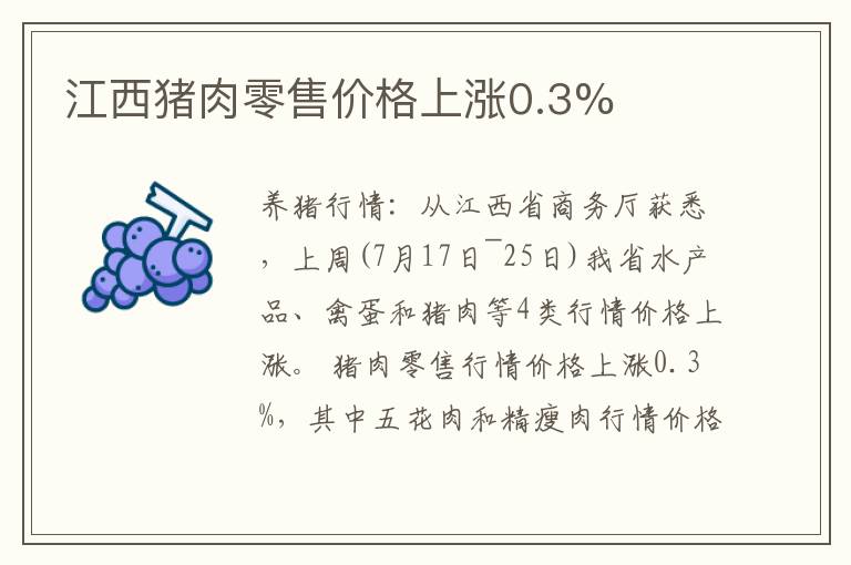 江西猪肉零售价格上涨0.3%