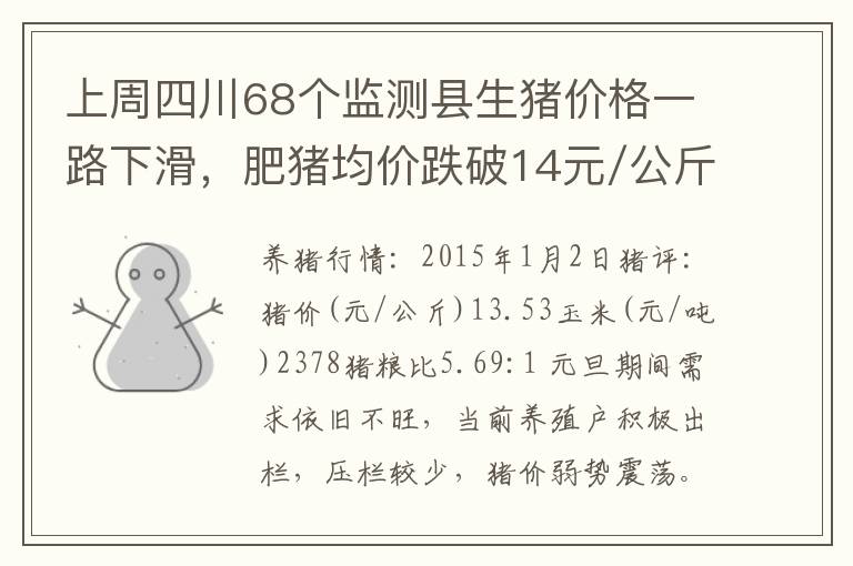 上周四川68个监测县生猪价格一路下滑，肥猪均价跌破14元/公斤