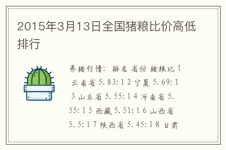 2015年3月13日全国猪粮比价高低排行