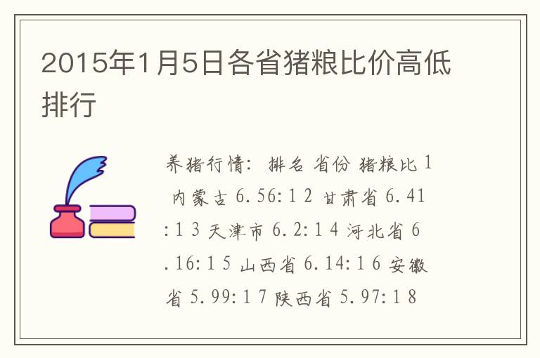 2015年1月5日各省猪粮比价高低排行