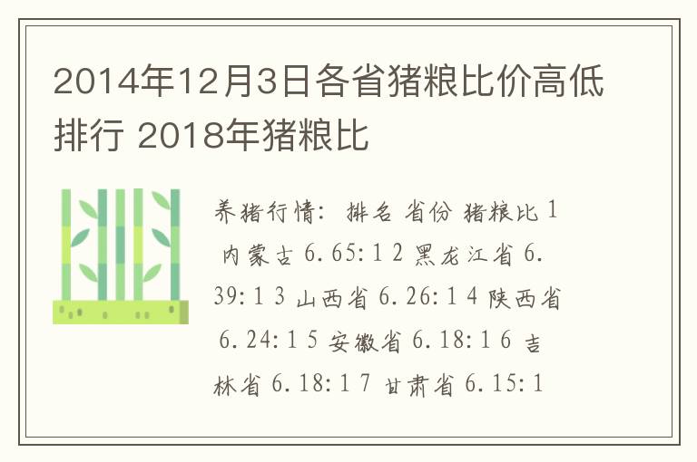 2014年12月3日各省猪粮比价高低排行 2018年猪粮比