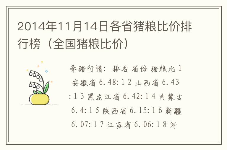 2014年11月14日各省猪粮比价排行榜（全国猪粮比价）