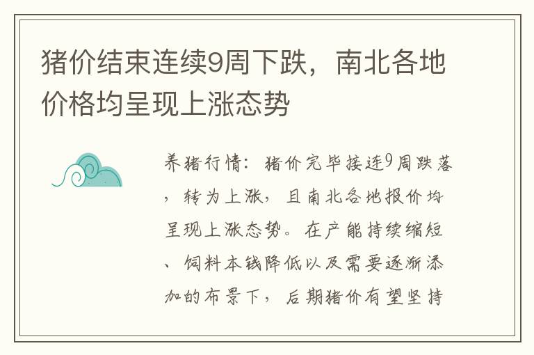 猪价结束连续9周下跌，南北各地价格均呈现上涨态势