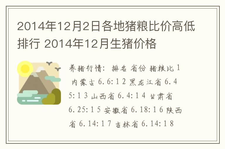 2014年12月2日各地猪粮比价高低排行 2014年12月生猪价格