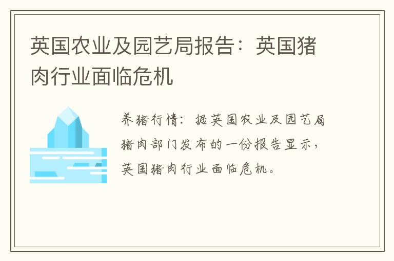 英国农业及园艺局报告：英国猪肉行业面临危机