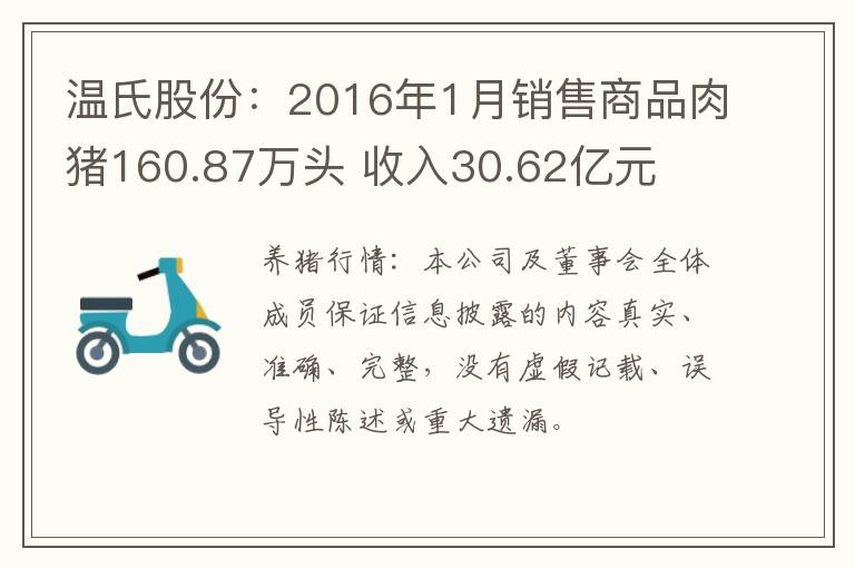 温氏股份：2016年1月销售商品肉猪160.87万头 收入30.62亿元