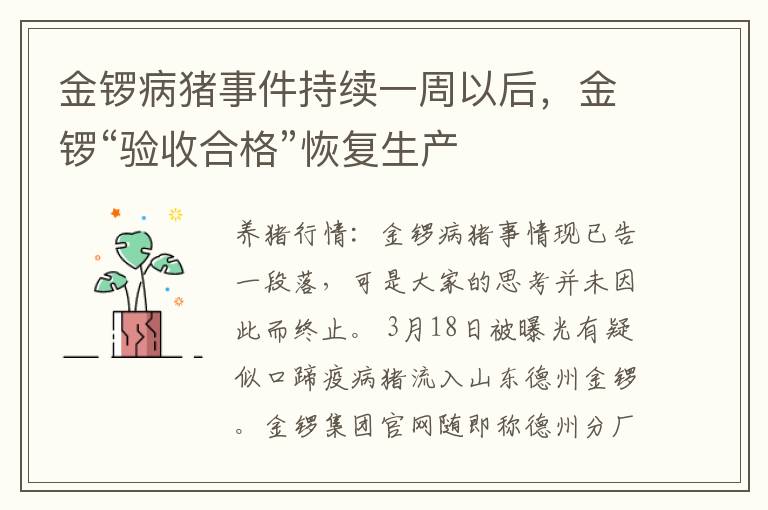 金锣病猪事件持续一周以后，金锣“验收合格”恢复生产