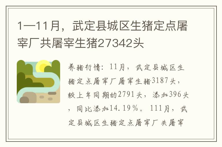 1—11月，武定县城区生猪定点屠宰厂共屠宰生猪27342头