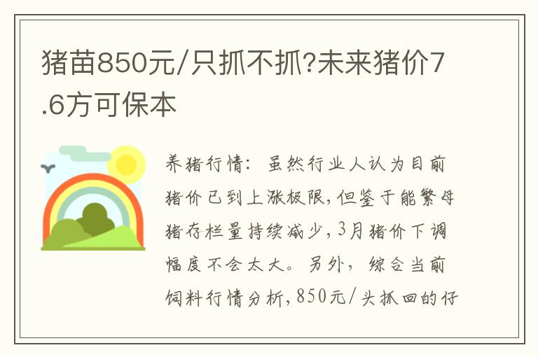 猪苗850元/只抓不抓?未来猪价7.6方可保本