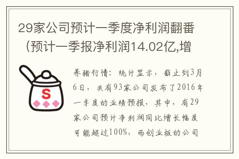 29家公司预计一季度净利润翻番（预计一季报净利润14.02亿,增长幅度为24.37倍）