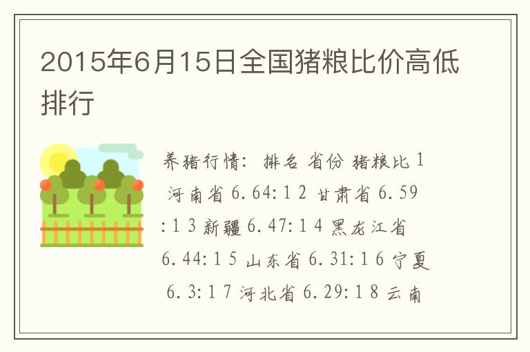 2015年6月15日全国猪粮比价高低排行