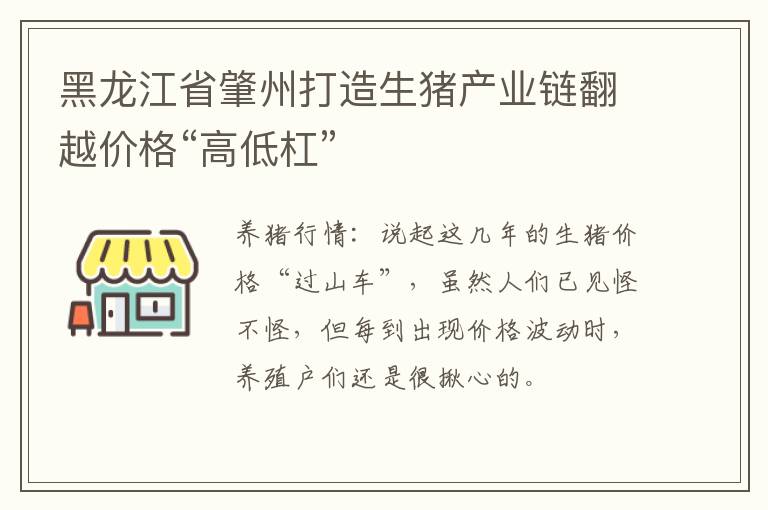 黑龙江省肇州打造生猪产业链翻越价格“高低杠”