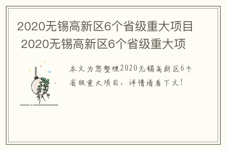 2020无锡高新区6个省级重大项目 2020无锡高新区6个省级重大项目开工