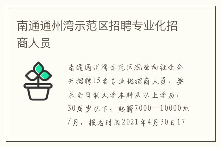 南通通州湾示范区招聘专业化招商人员