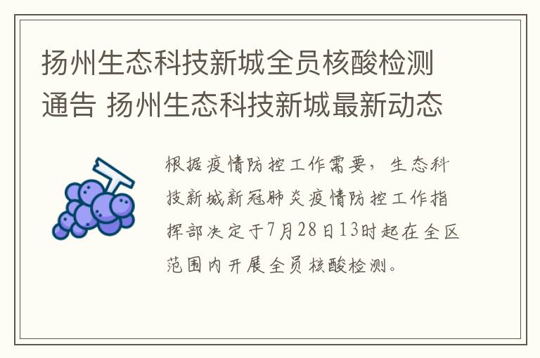 扬州生态科技新城全员核酸检测通告 扬州生态科技新城最新动态