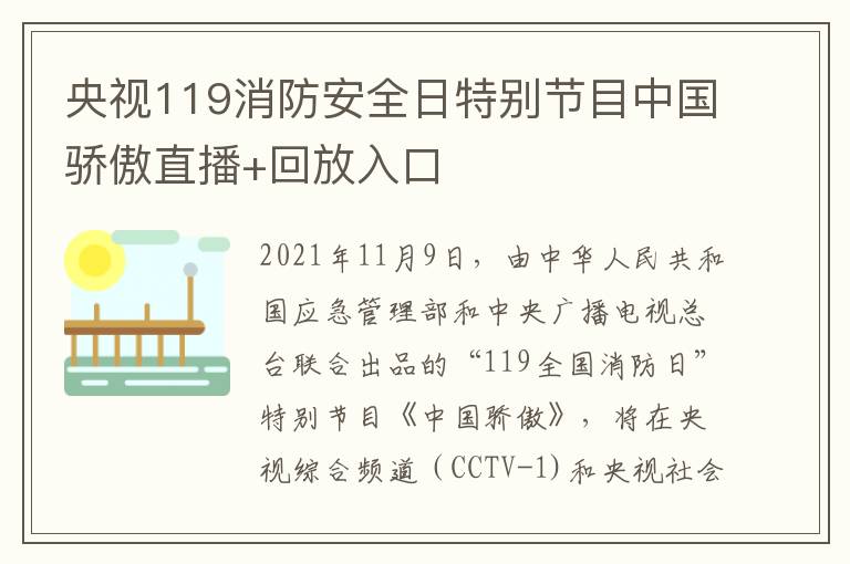 央视119消防安全日特别节目中国骄傲直播+回放入口