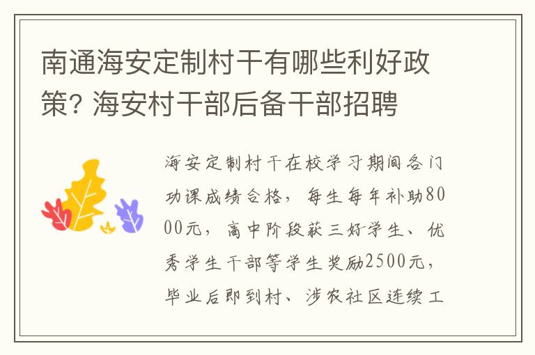 南通海安定制村干有哪些利好政策? 海安村干部后备干部招聘