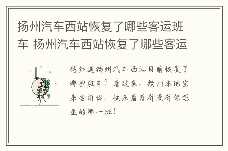 扬州汽车西站恢复了哪些客运班车 扬州汽车西站恢复了哪些客运班车运营