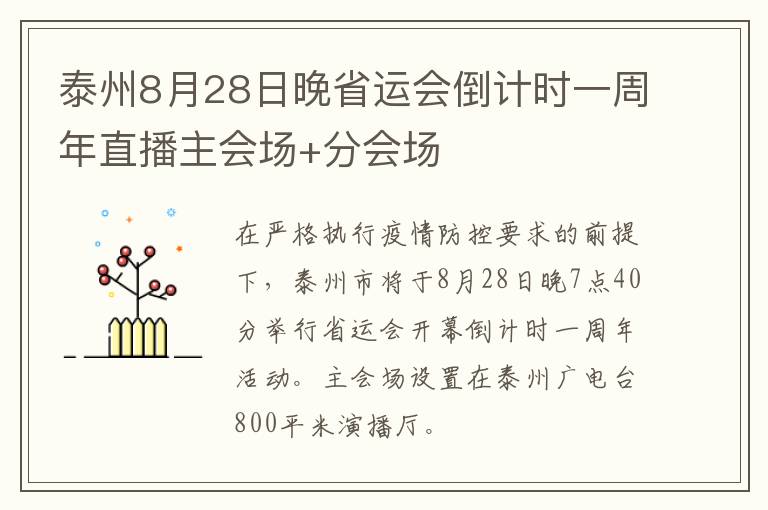 泰州8月28日晚省运会倒计时一周年直播主会场+分会场